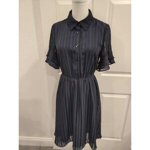 OSA Striped Sheath Dress Midi Navy Blue Button Front Flutter Sleeve M